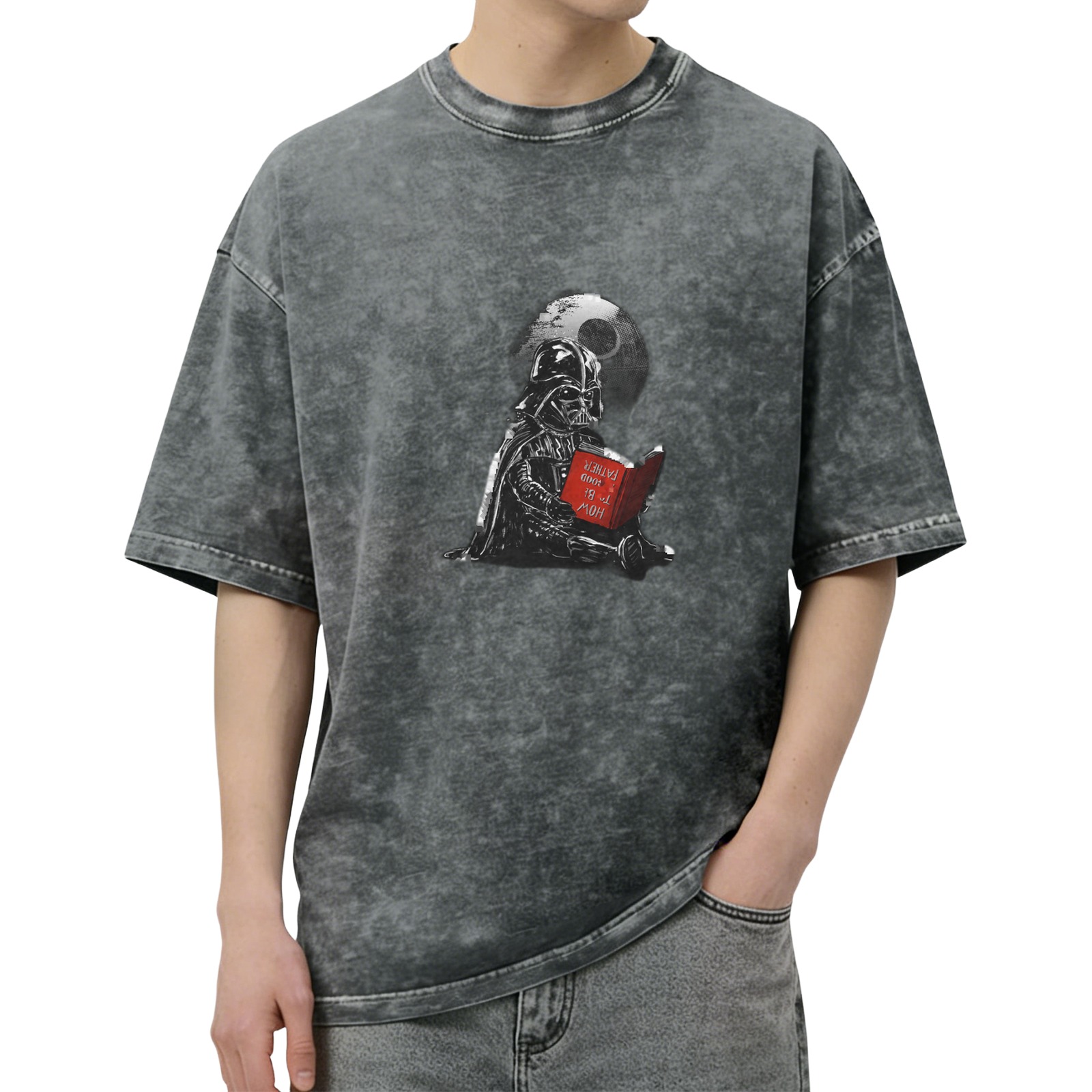 Washed black t-shirt with Darth Vader reading how to be a good father