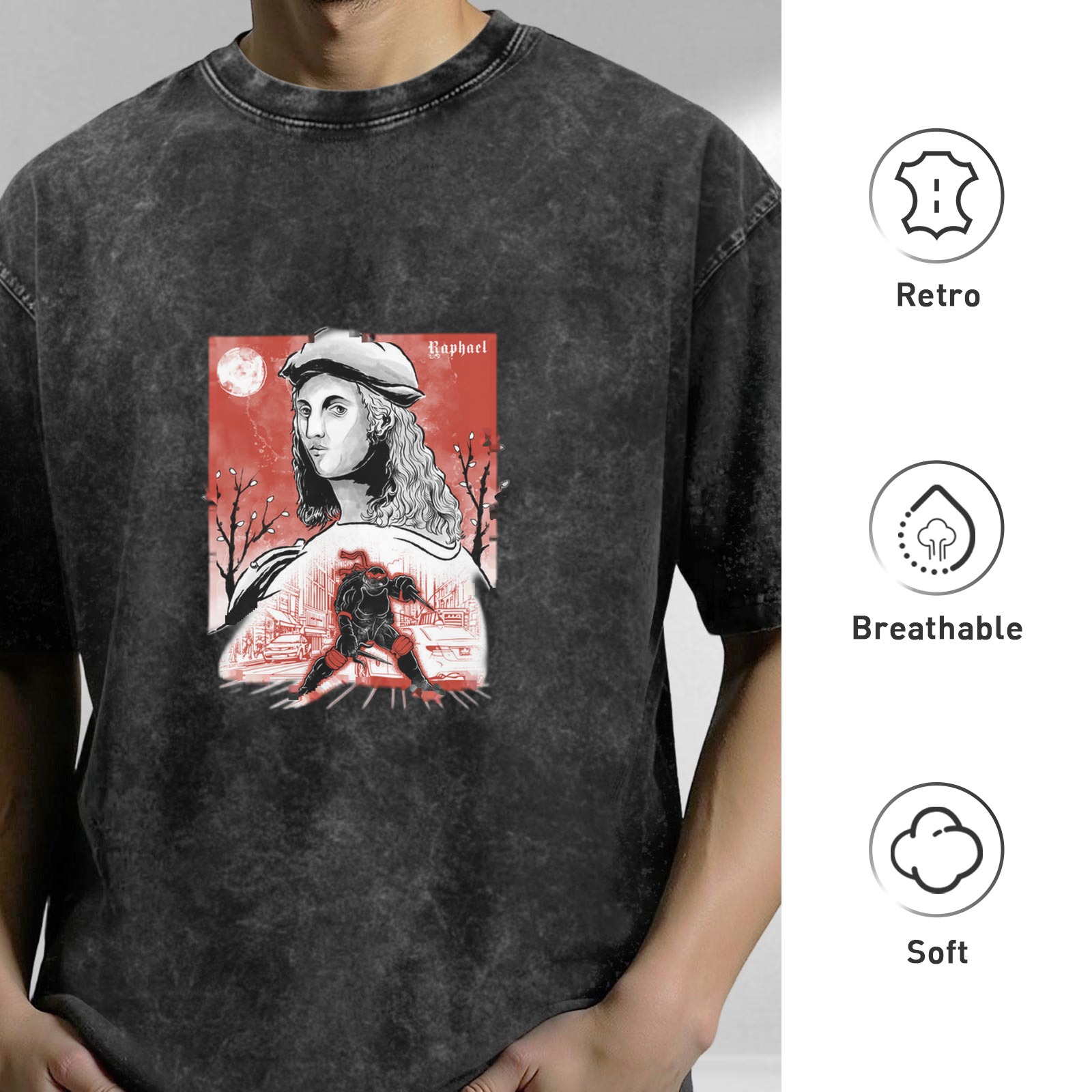 Oversized dark washed t-shirt with Renaissance artist and ninja turtle graphic