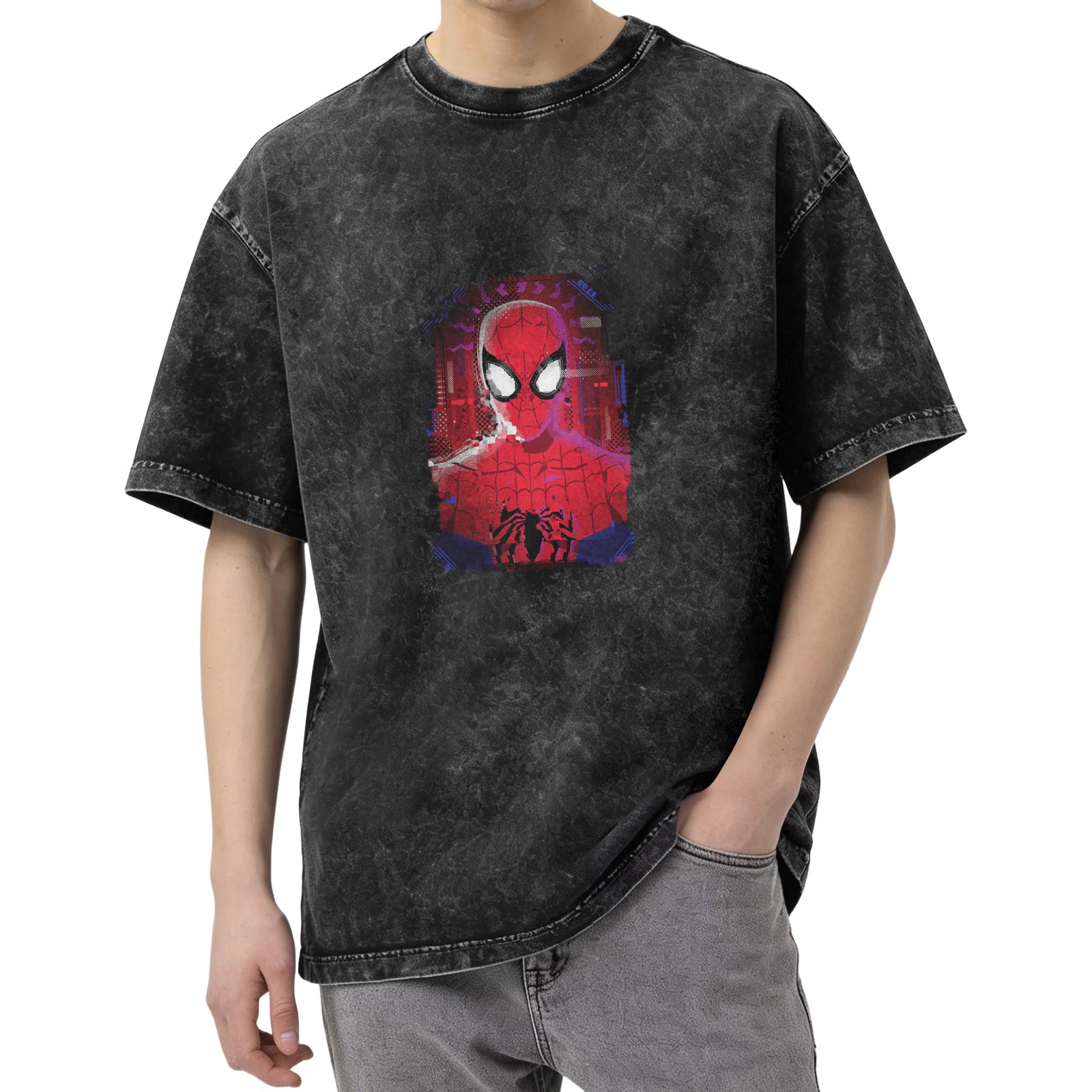 Washed Black Oversized T-Shirt with Spider-Man Graphic