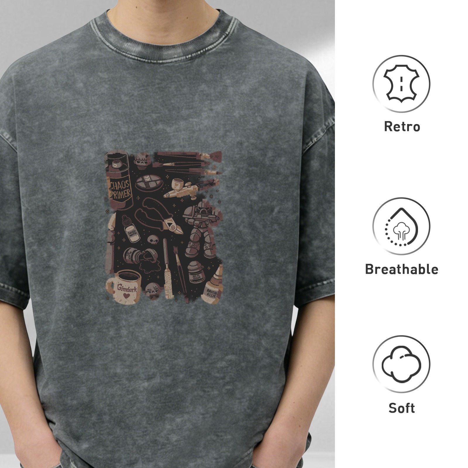 Oversized Acid Wash T-Shirt With Miniature Hobbyist Graphic Print