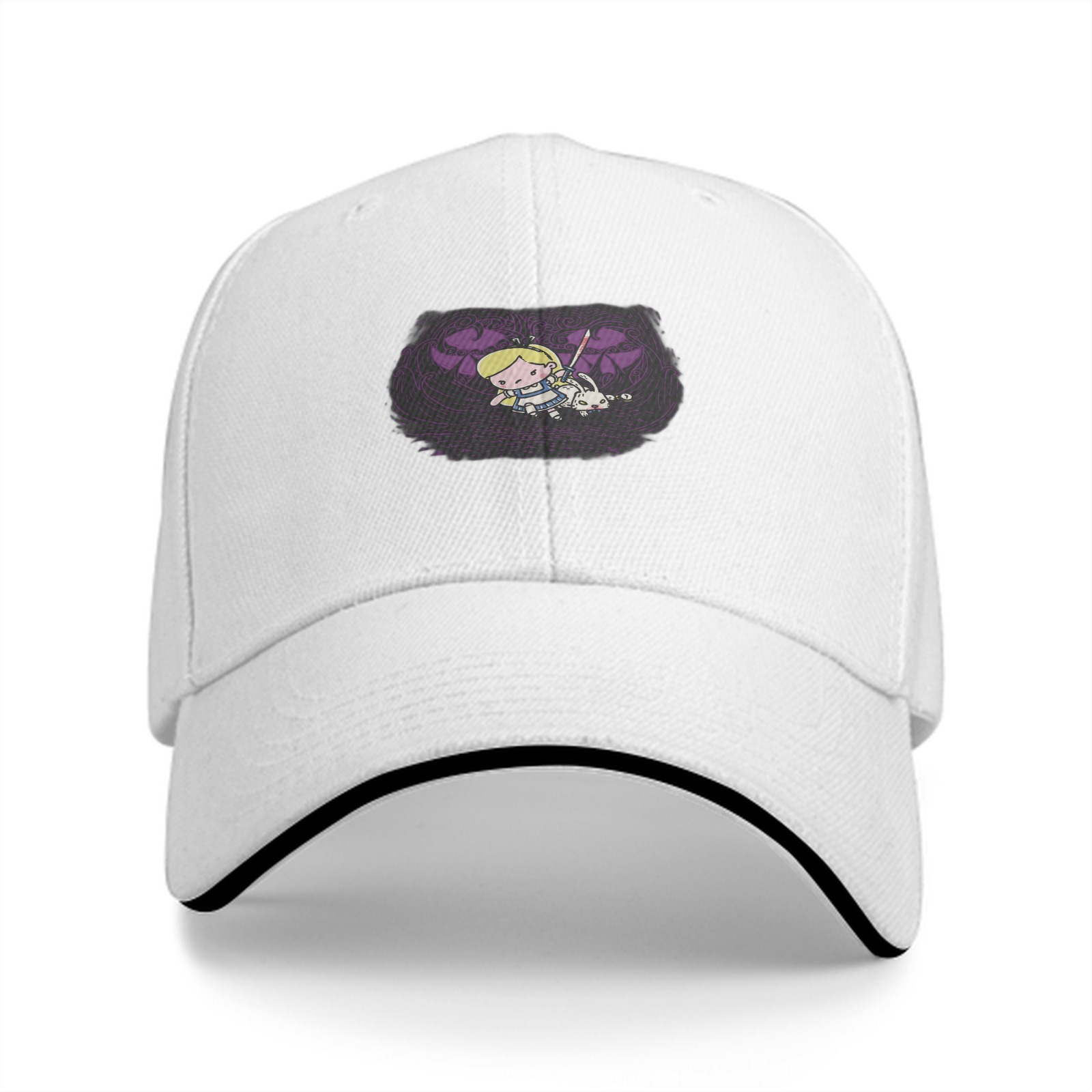 Black Baseball Cap With Chibi Alice In Wonderland Print