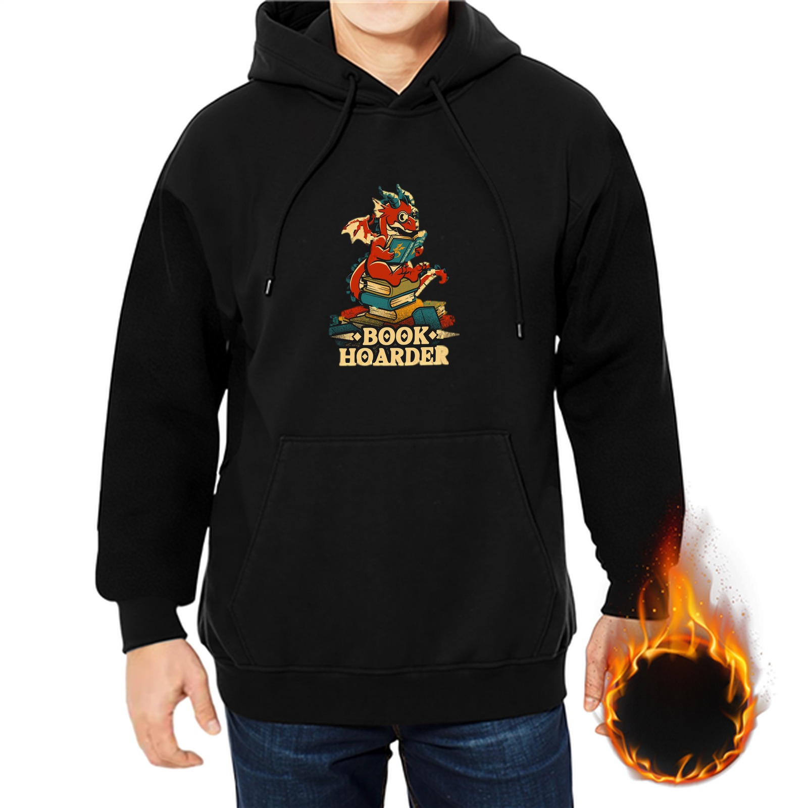 Black Hoodie With Cute Dragon Reading Book Hoarder Graphic