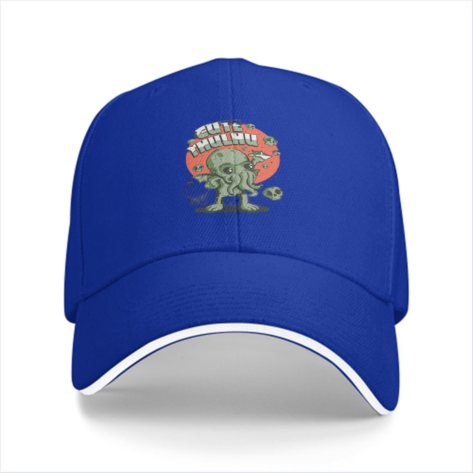 Black baseball cap with cute Cthulhu graphic and skulls