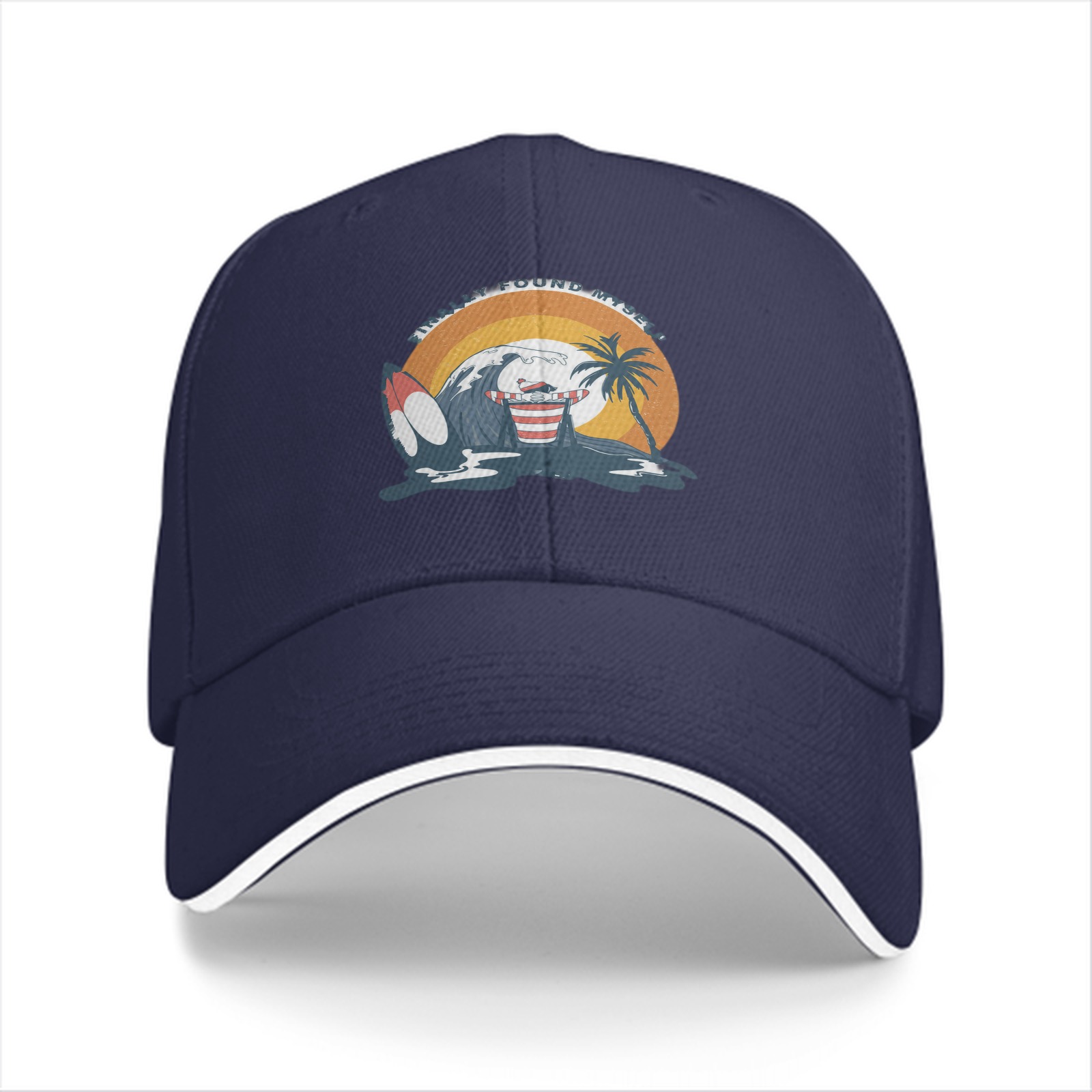Black baseball cap with retro tropical surf wave graphic