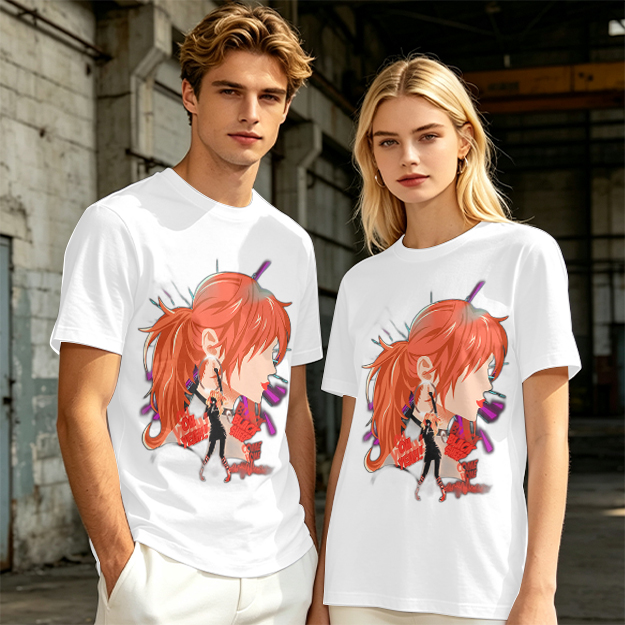Olive T-Shirt with Anime Red-Haired Girl Profile Art Print