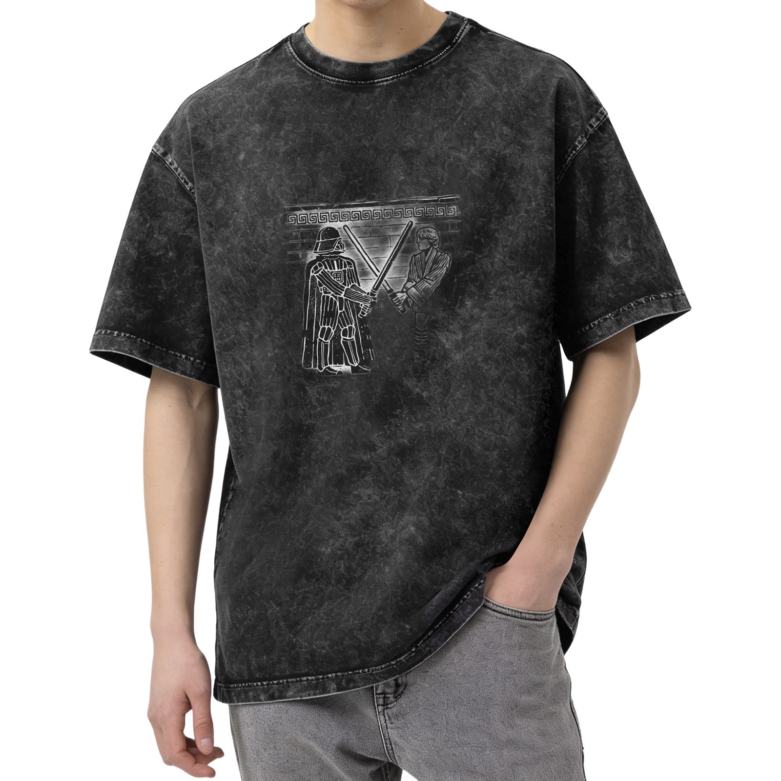 Washed Cotton T-Shirt with Darth Vader vs Luke Lightsaber Duel Art
