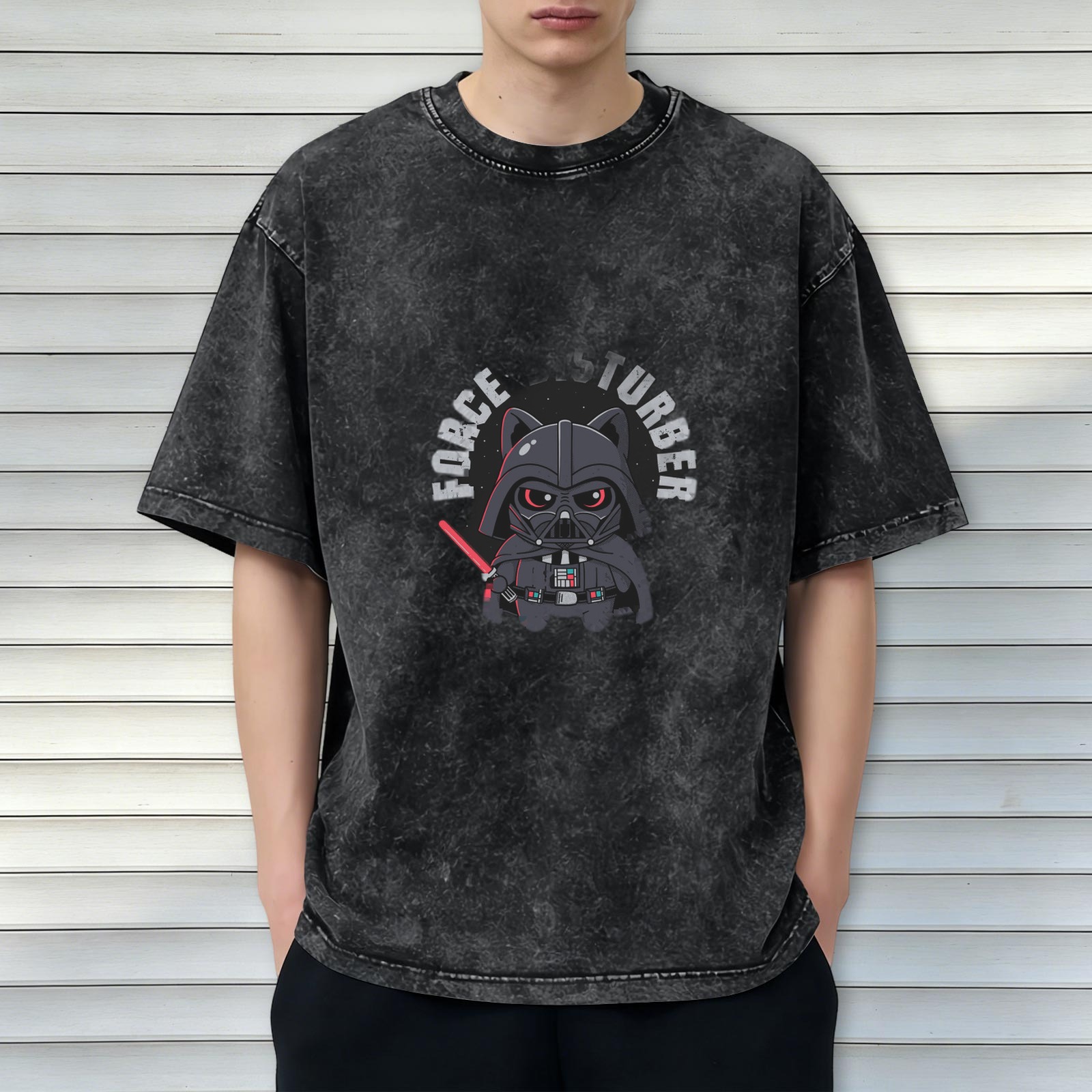 Washed Black T-Shirt with Cute Cat Darth Vader Force Disturber Graphic