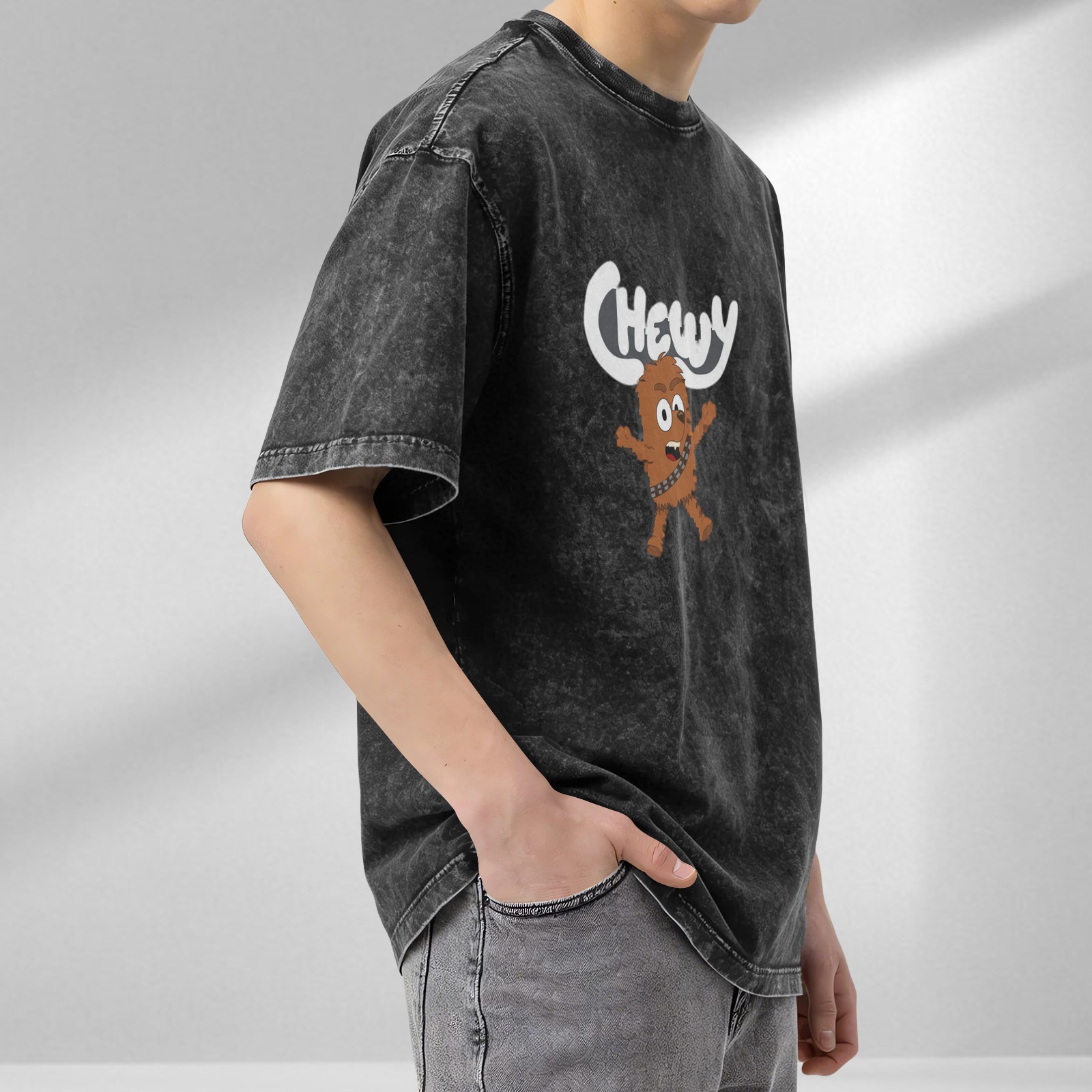 Oversized Vintage Wash T-Shirt with Cartoon Chewbacca 'Chewy' Graphic Print