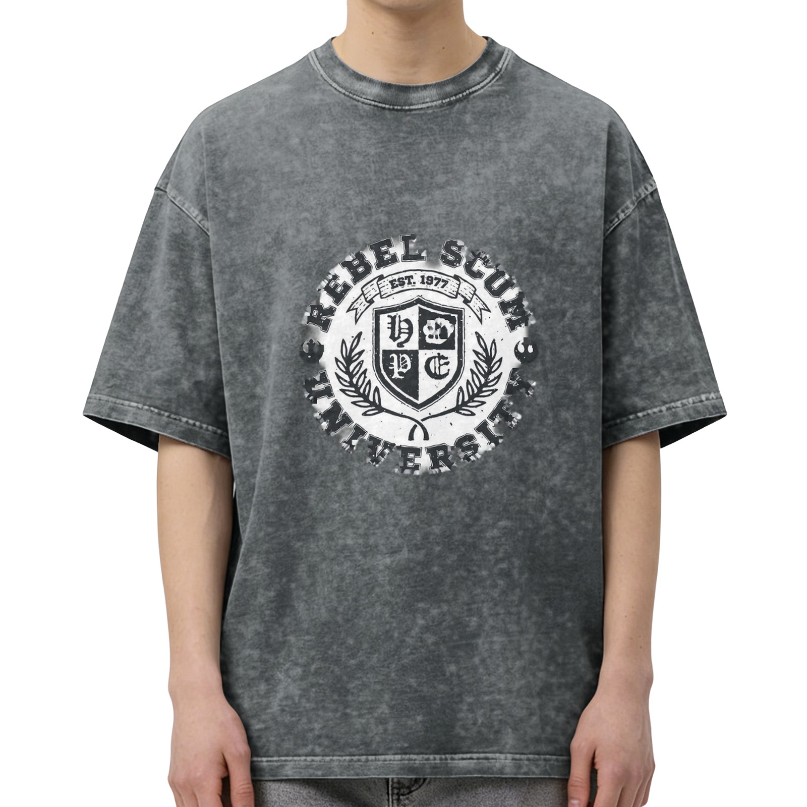 Washed Black Graphic T-Shirt With Rebel Scum University Crest Design