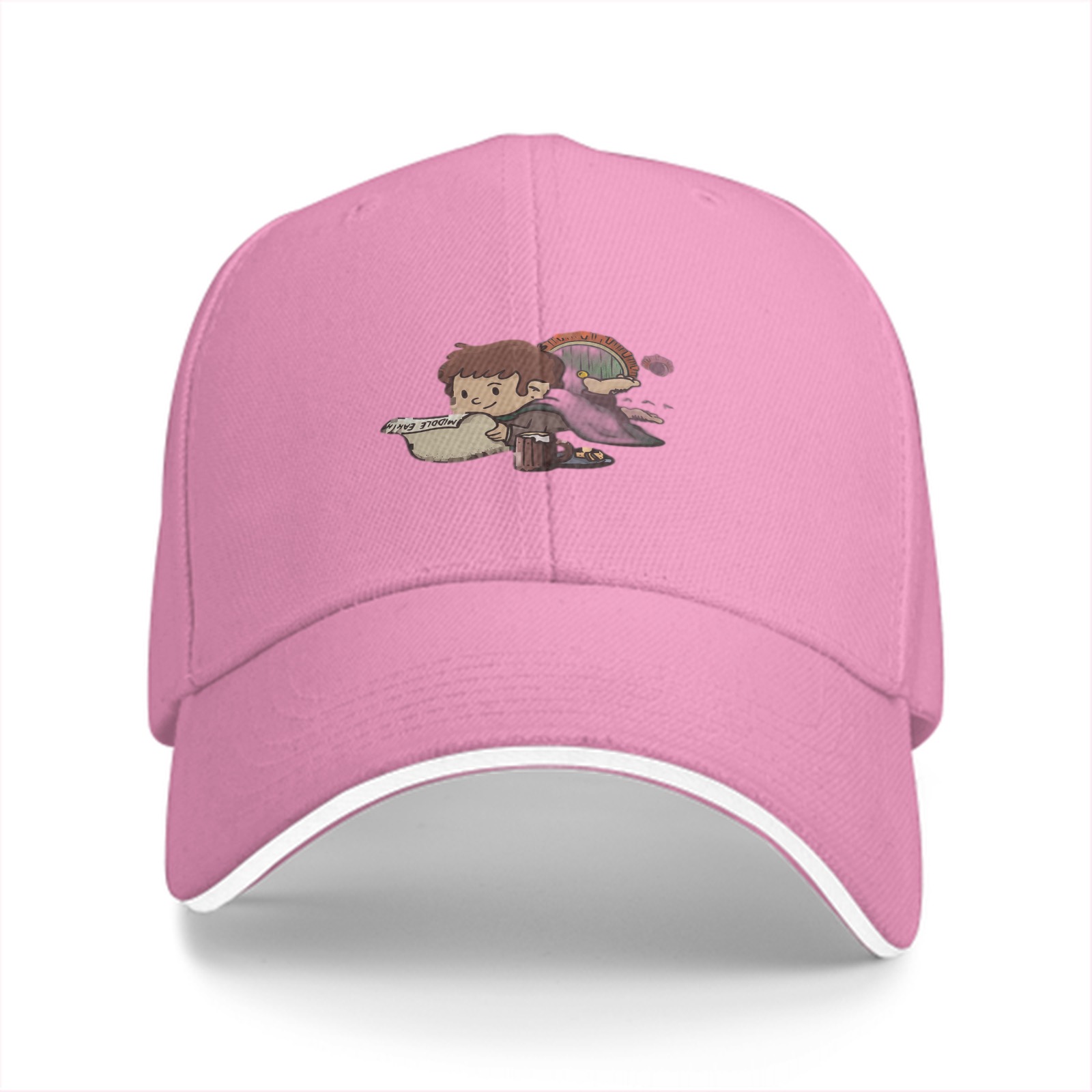 Black Baseball Cap with Cute Hobbit Character Print