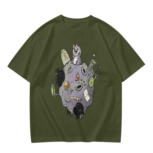 Olive Green T-Shirt With Space Raccoon On Asteroid Graphic