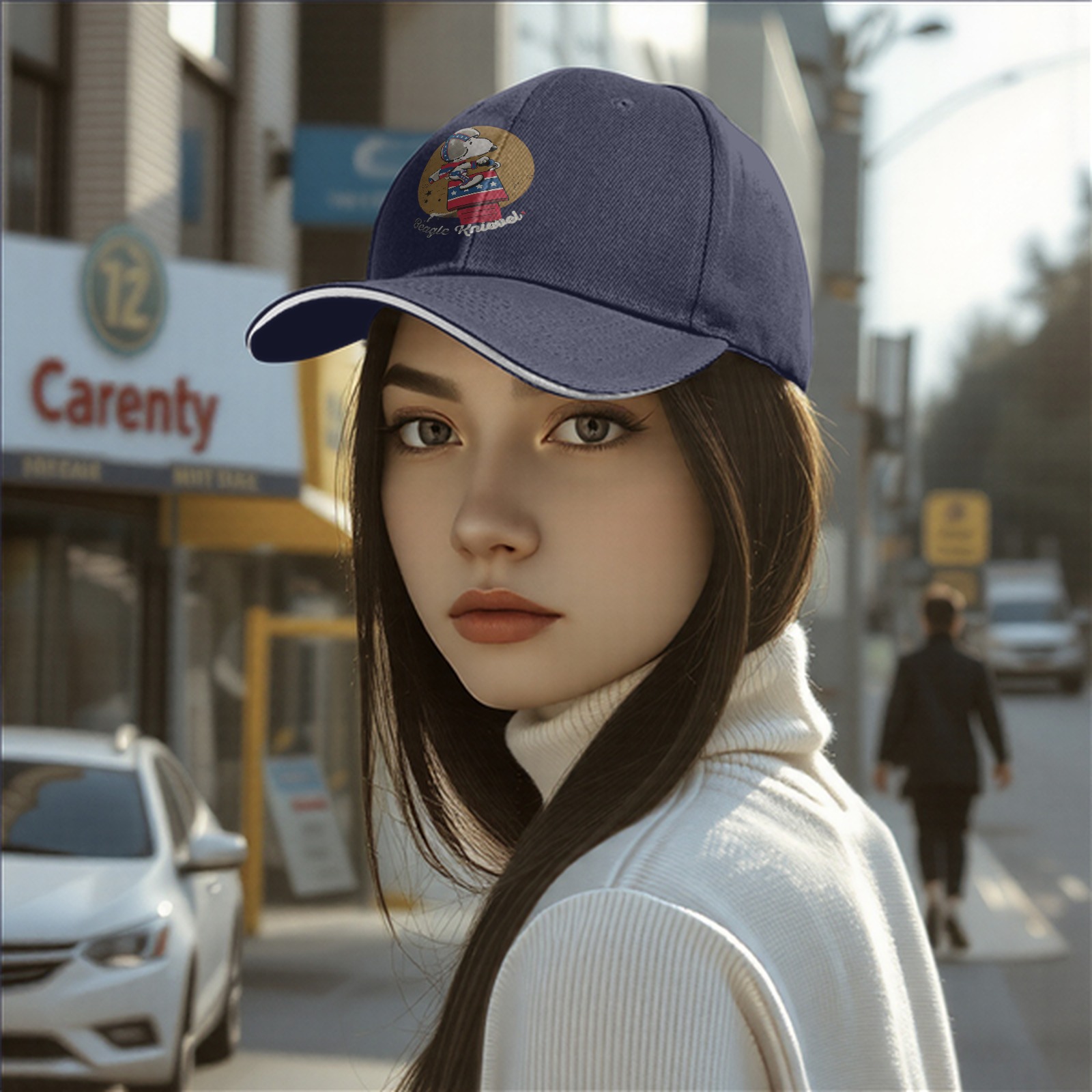Black baseball cap with Snoopy Beagle Knievel stunt graphic
