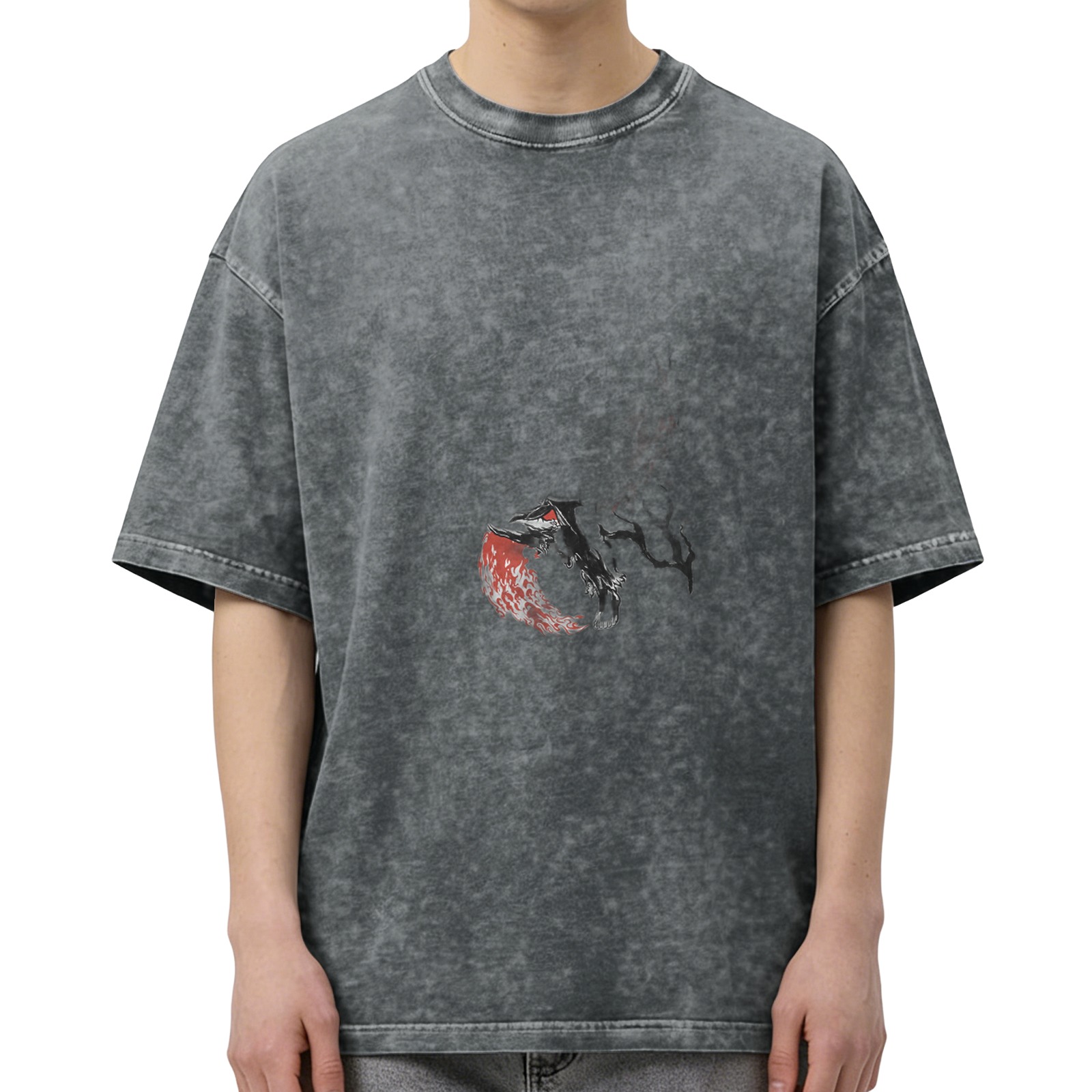Oversized Acid Wash Black T-Shirt With Abstract Red And Black Graphic