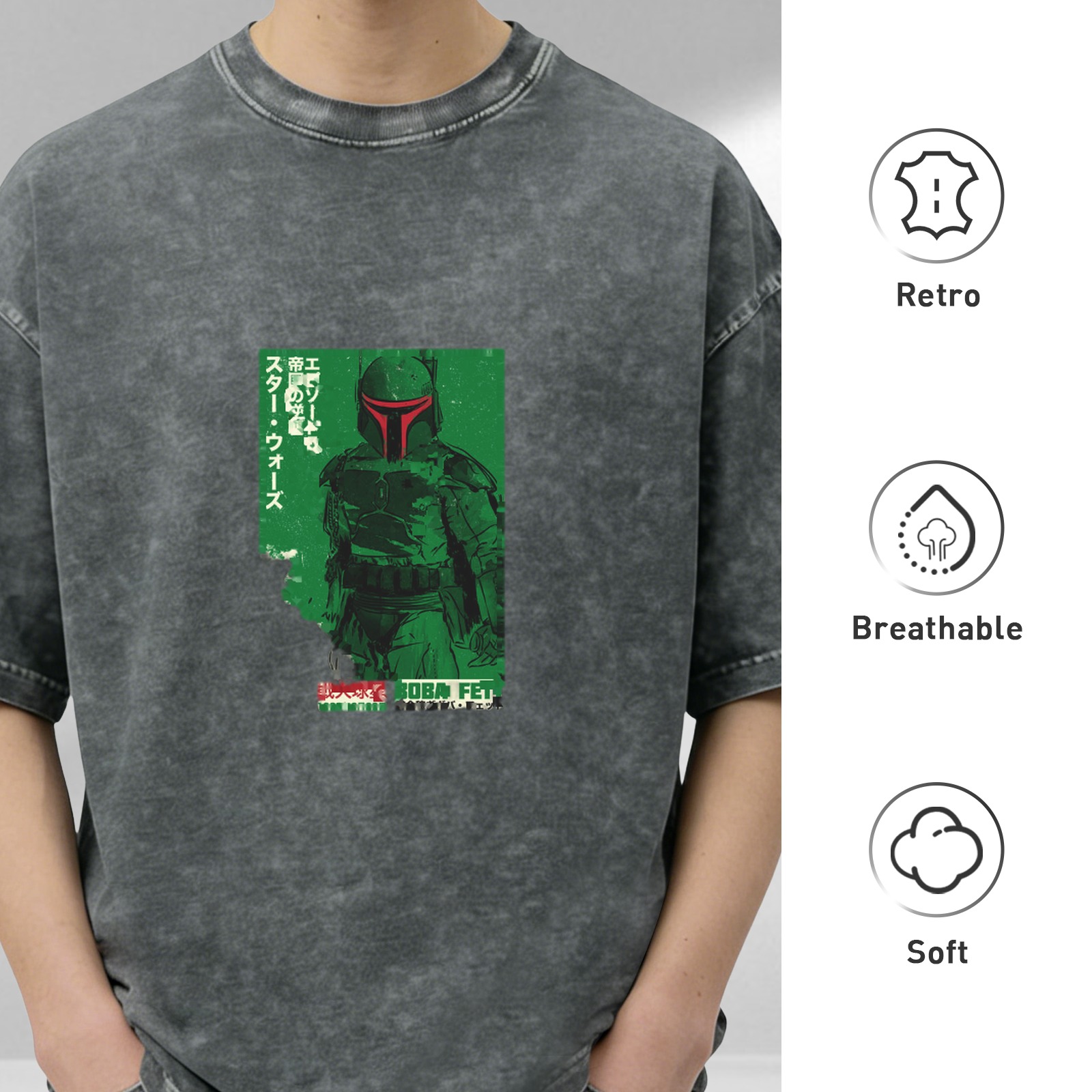 Star Wars Boba Fett Japanese Graphic Acid Wash T-Shirt