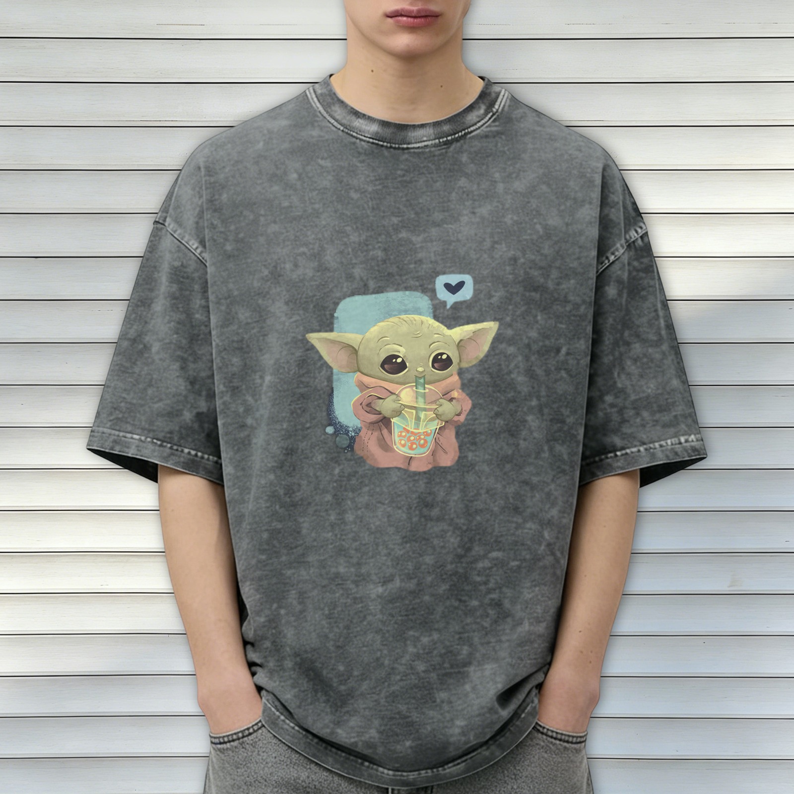 Baby Yoda Drinking Boba Tea Vintage Wash T-shirt