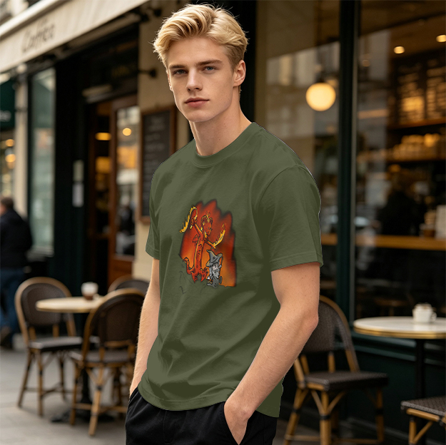 Olive T-shirt with Cartoon Demon and Wizard Fantasy Print