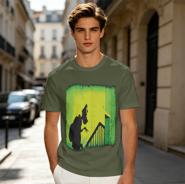 Olive T-Shirt with Silhouette of a Figure on Staircase Graphic