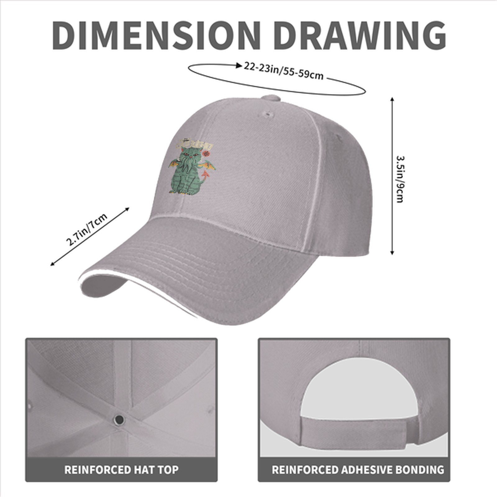 Black Baseball Cap With Cthulhu Cat Graphic Print