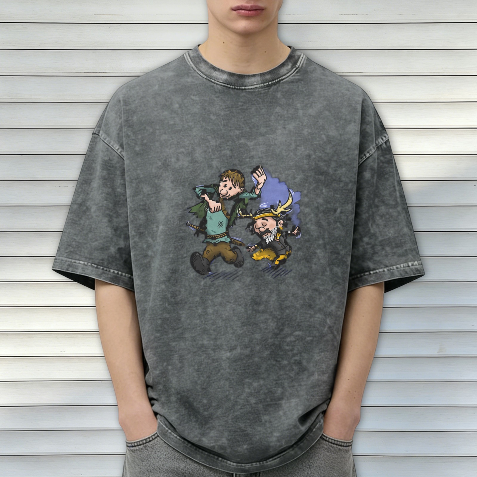 Washed Black T-Shirt With Cartoon Fantasy Character Print