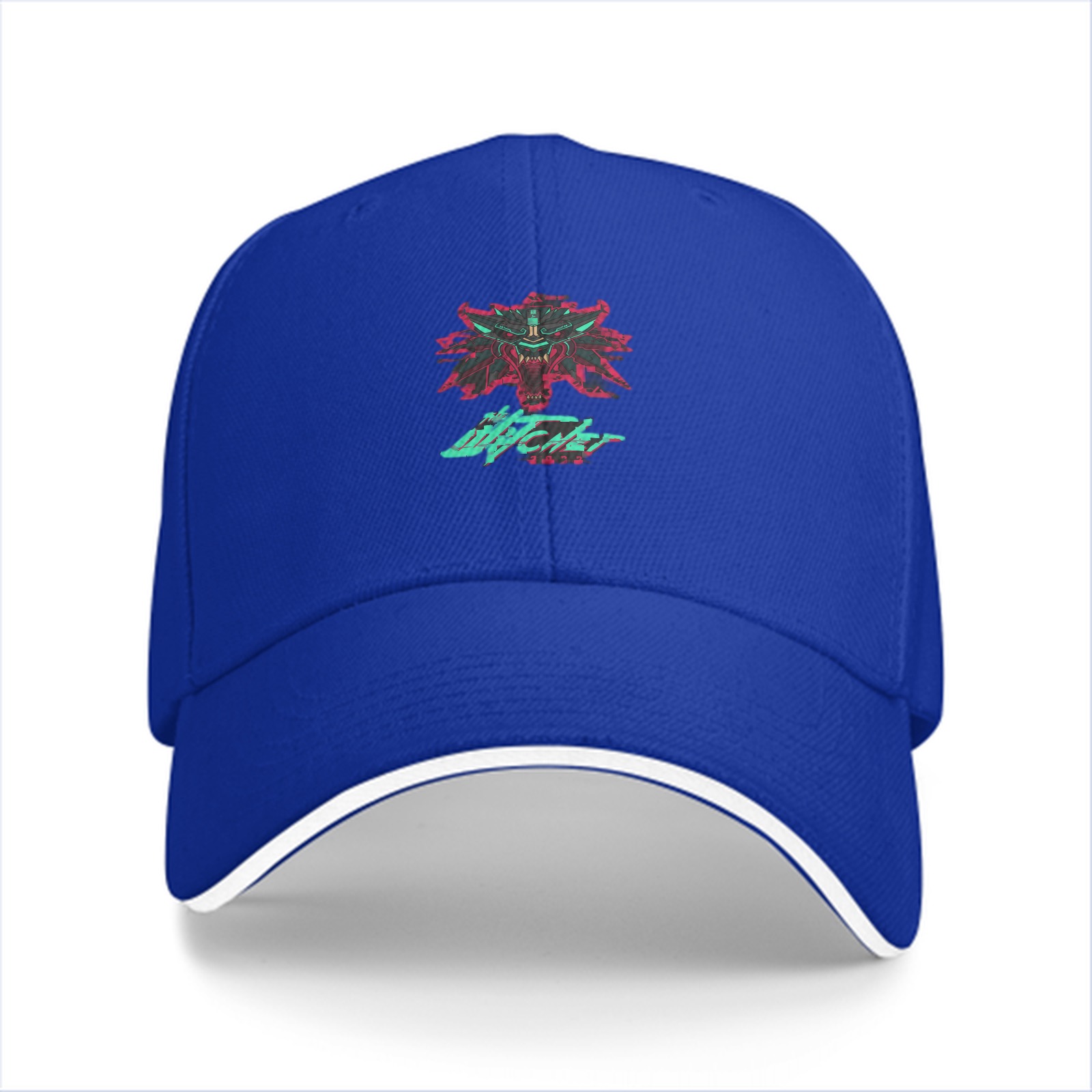 Black baseball cap with cyberpunk witcher wolf emblem graphic
