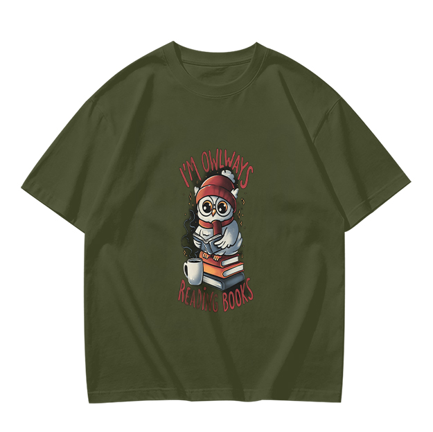 Owl reading books graphic olive green casual t-shirt