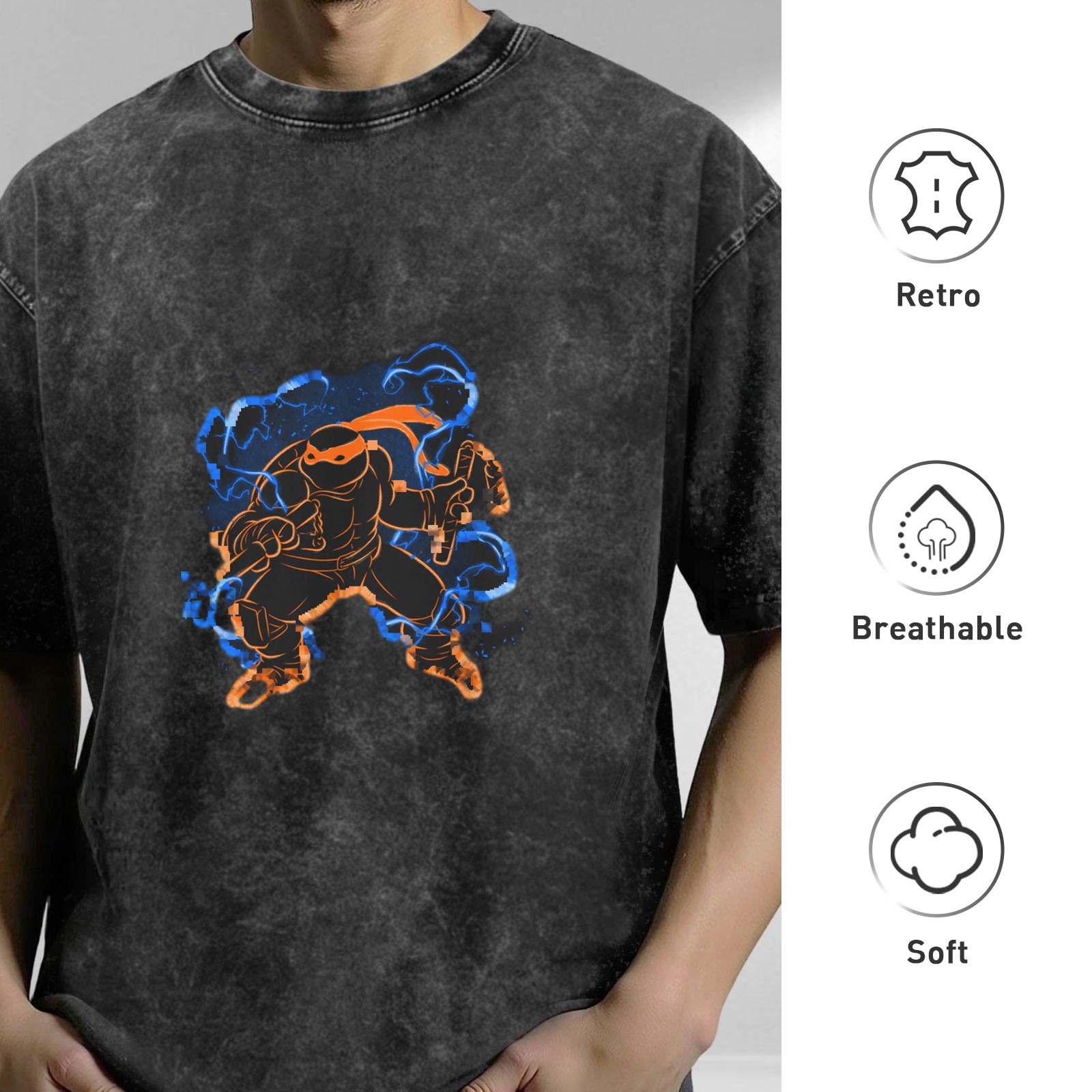 Oversized Dark Wash T-Shirt With Neon Ninja Turtle Graphic