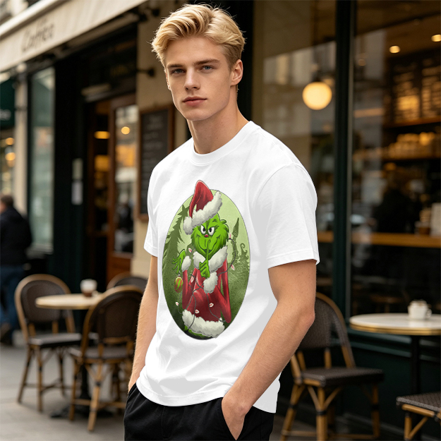 Olive Green T-Shirt Featuring The Grinch In Santa Costume