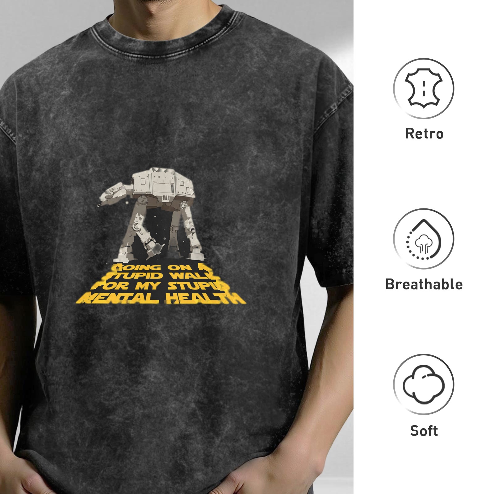 Old washed black Star Wars AT-AT walker fun text printed short-sleeved T-shirt