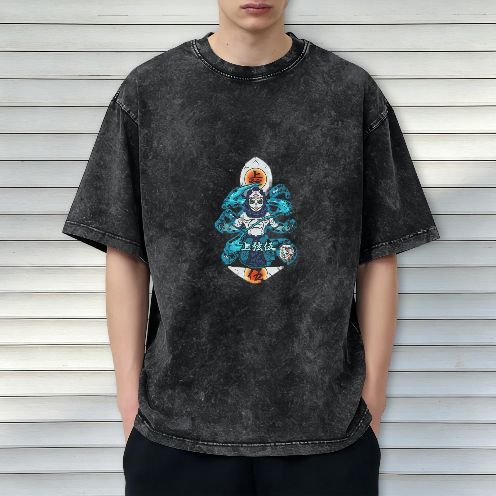 Oversized Dark Wash Anime Graphic T-Shirt with Demon Slayer Character Art