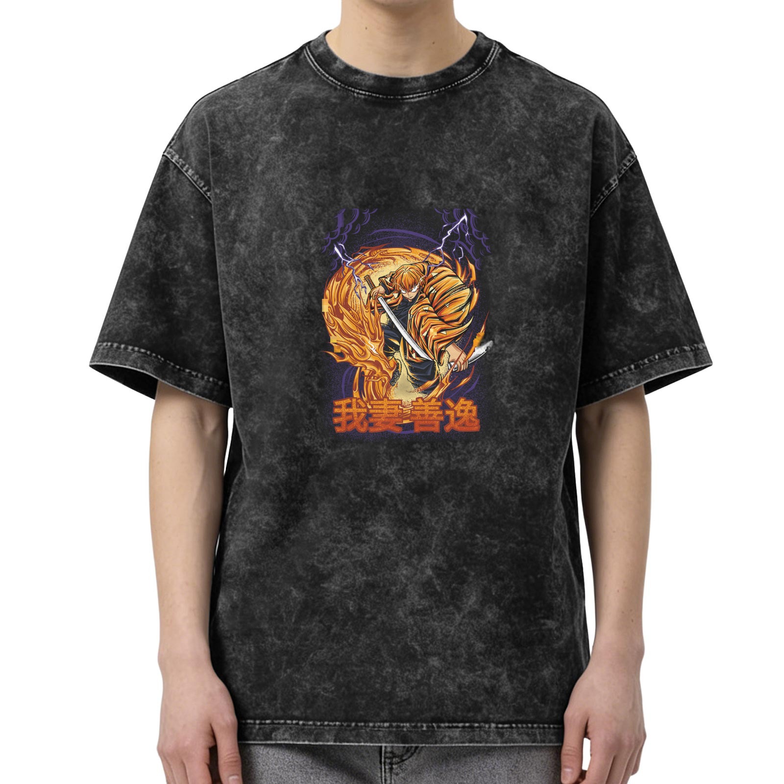 Demon Slayer Zenitsu Graphic Oversized Acid Wash T-Shirt