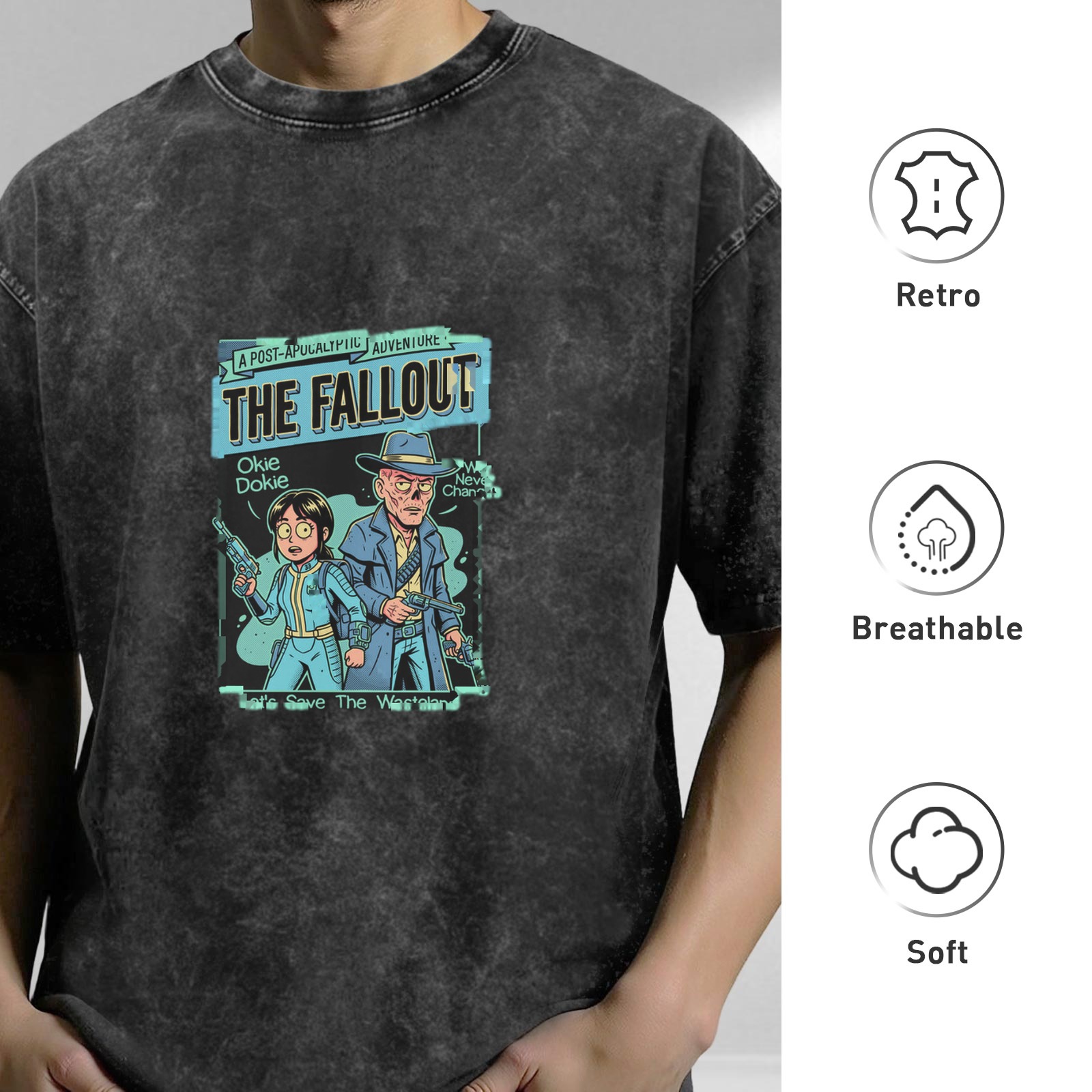 Washed Black Fallout Themed Graphic T-Shirt with Vault Dweller and Ghoul Art