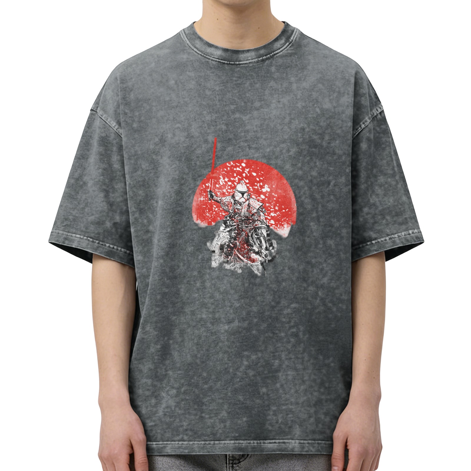 Washed black graphic t-shirt with samurai stormtrooper and red sun design