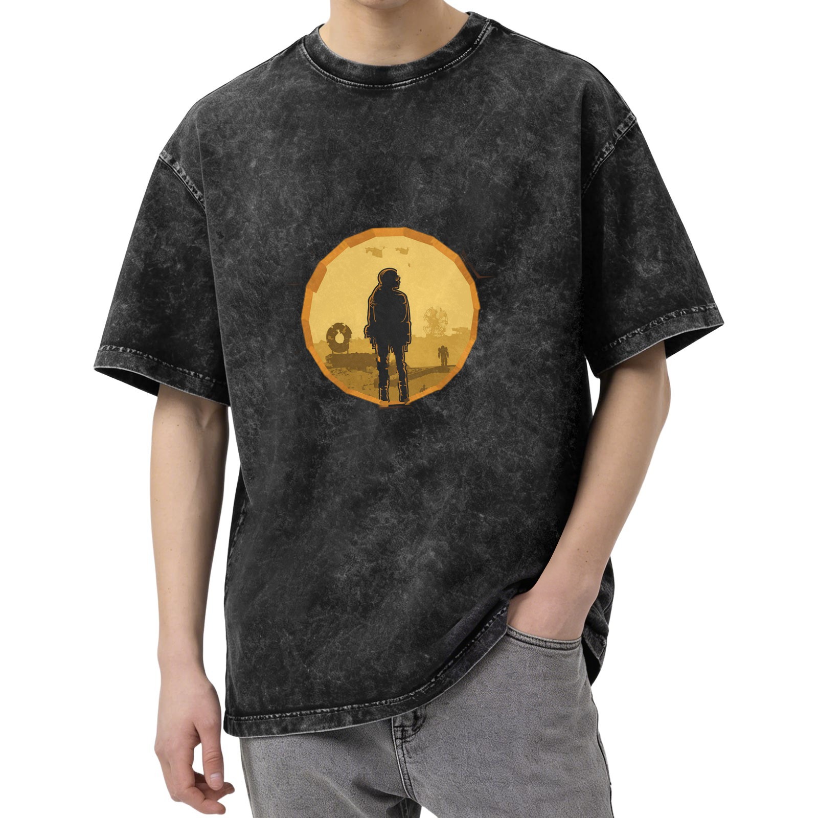 Washed Black Graphic T-Shirt with Lone Figure Silhouette Design