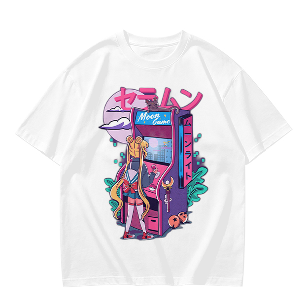 Anime girl playing moon arcade game graphic tee