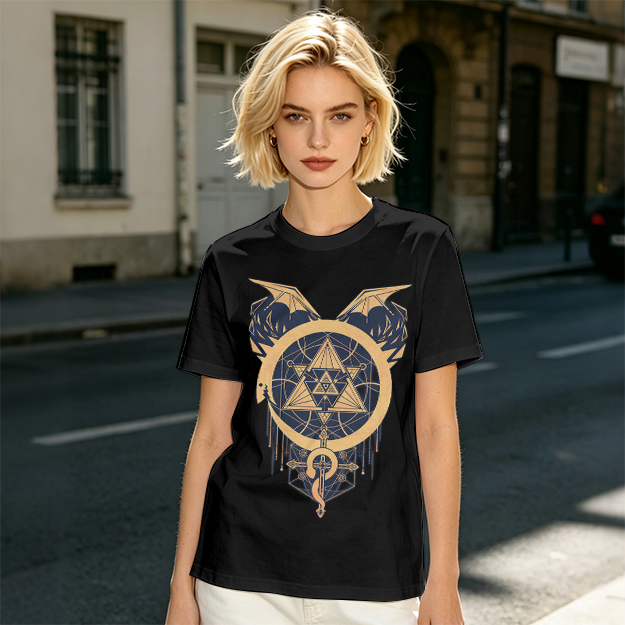 Olive T-Shirt with Occult Dragon Triangle Symbol Print