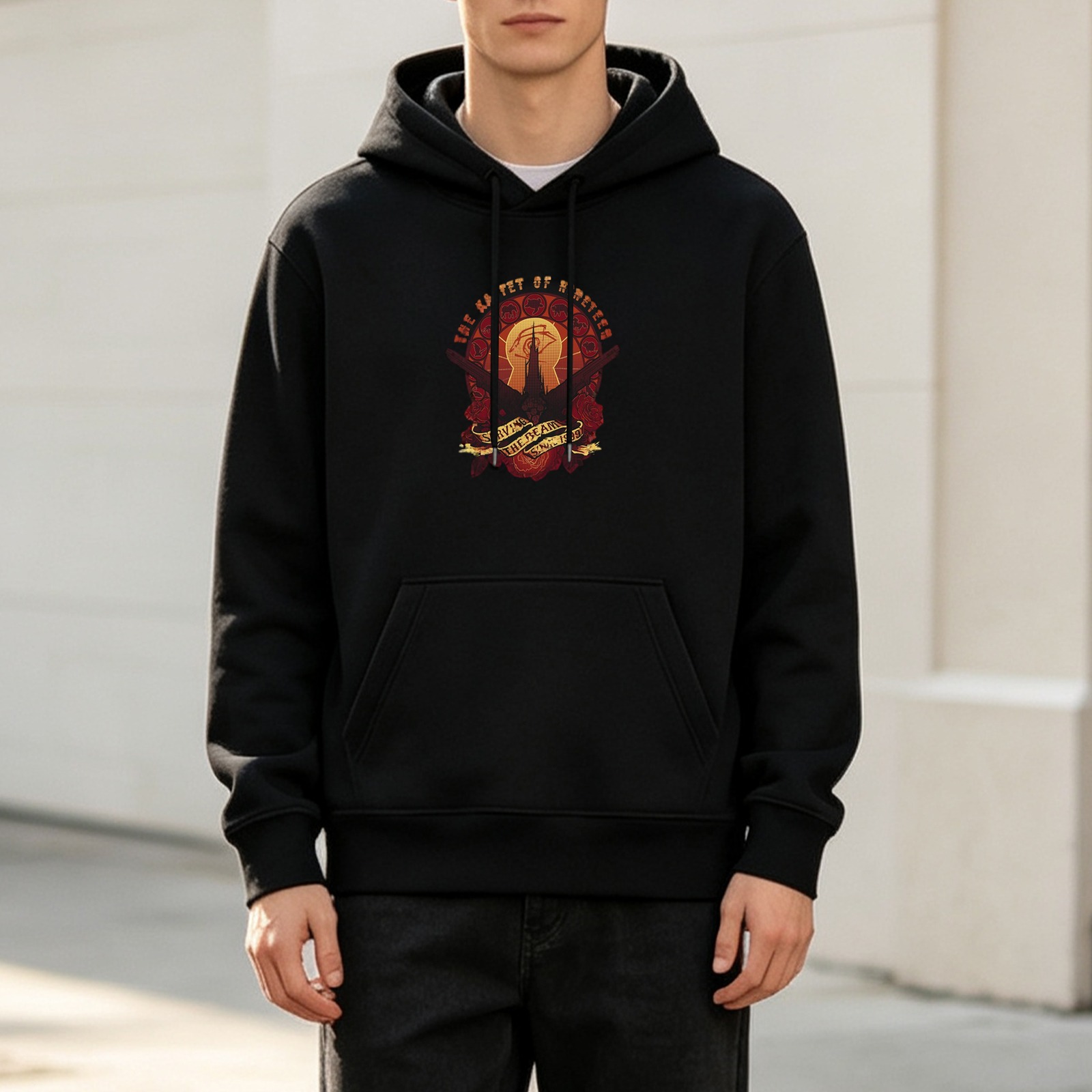 Black graphic hoodie with fantasy crest design