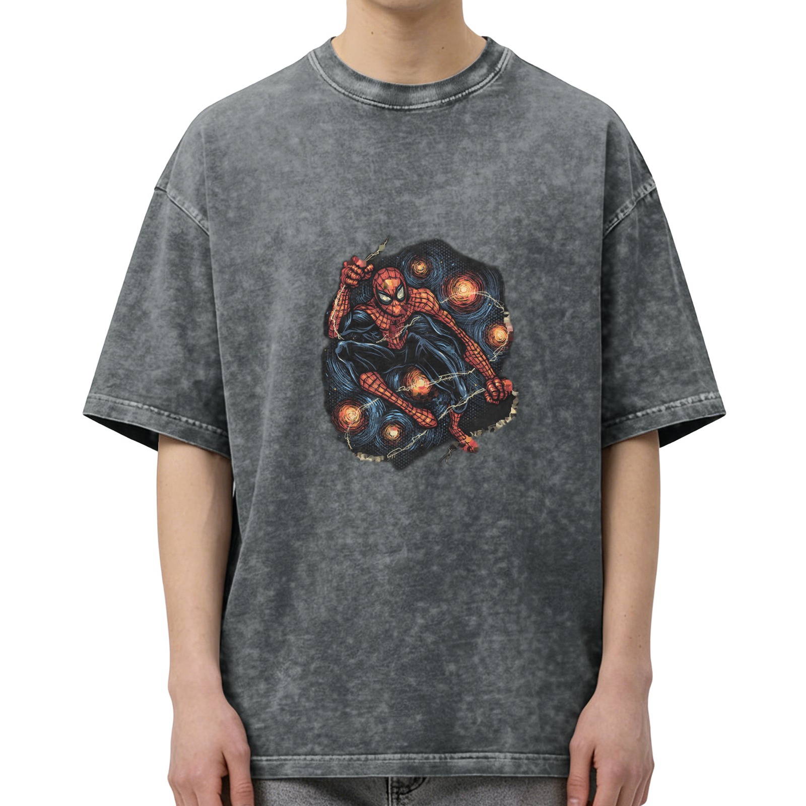 Washed Black T-Shirt With Spider-Man Swinging Web Graphic