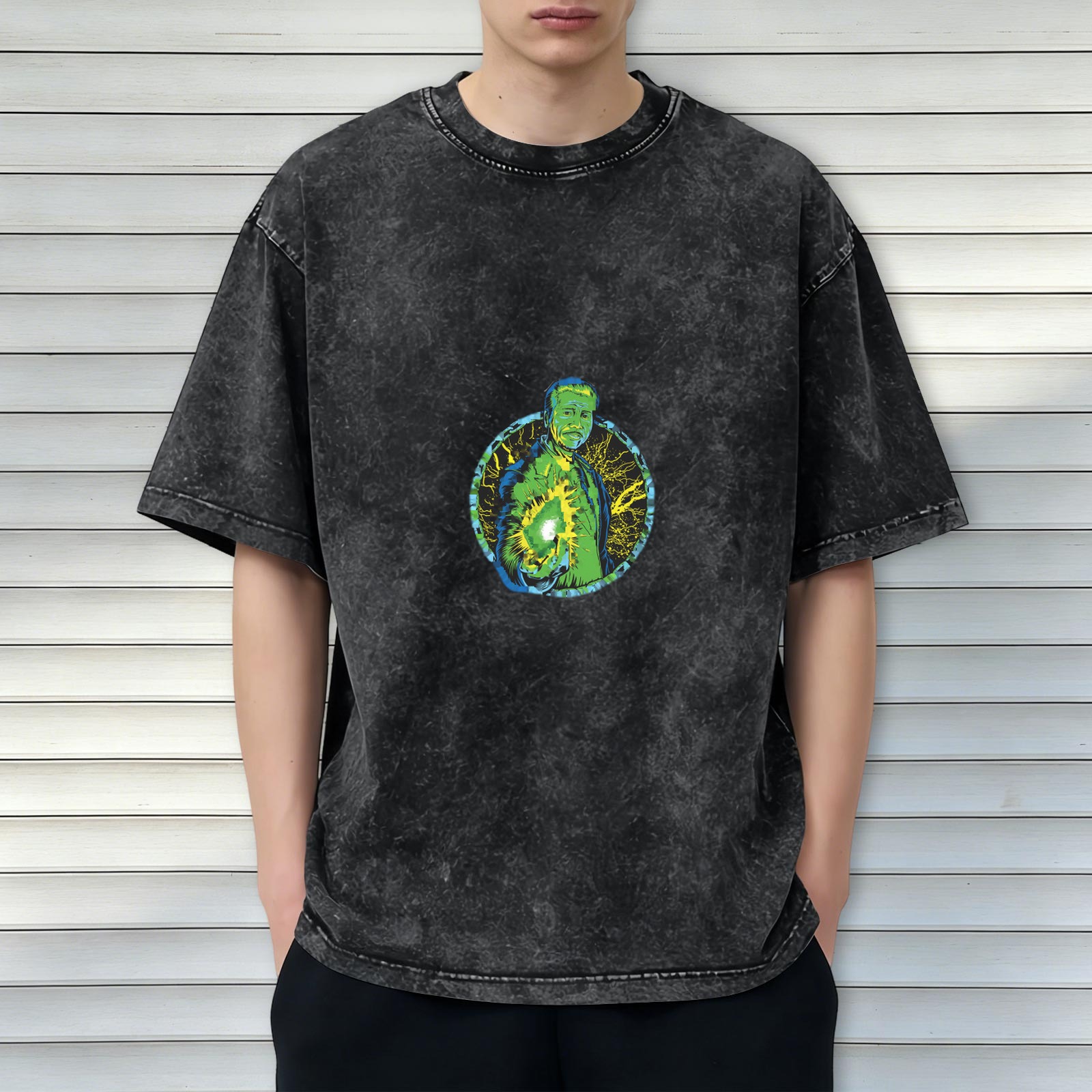 Oversized Acid Wash T-Shirt With Green Energy Figure Graphic
