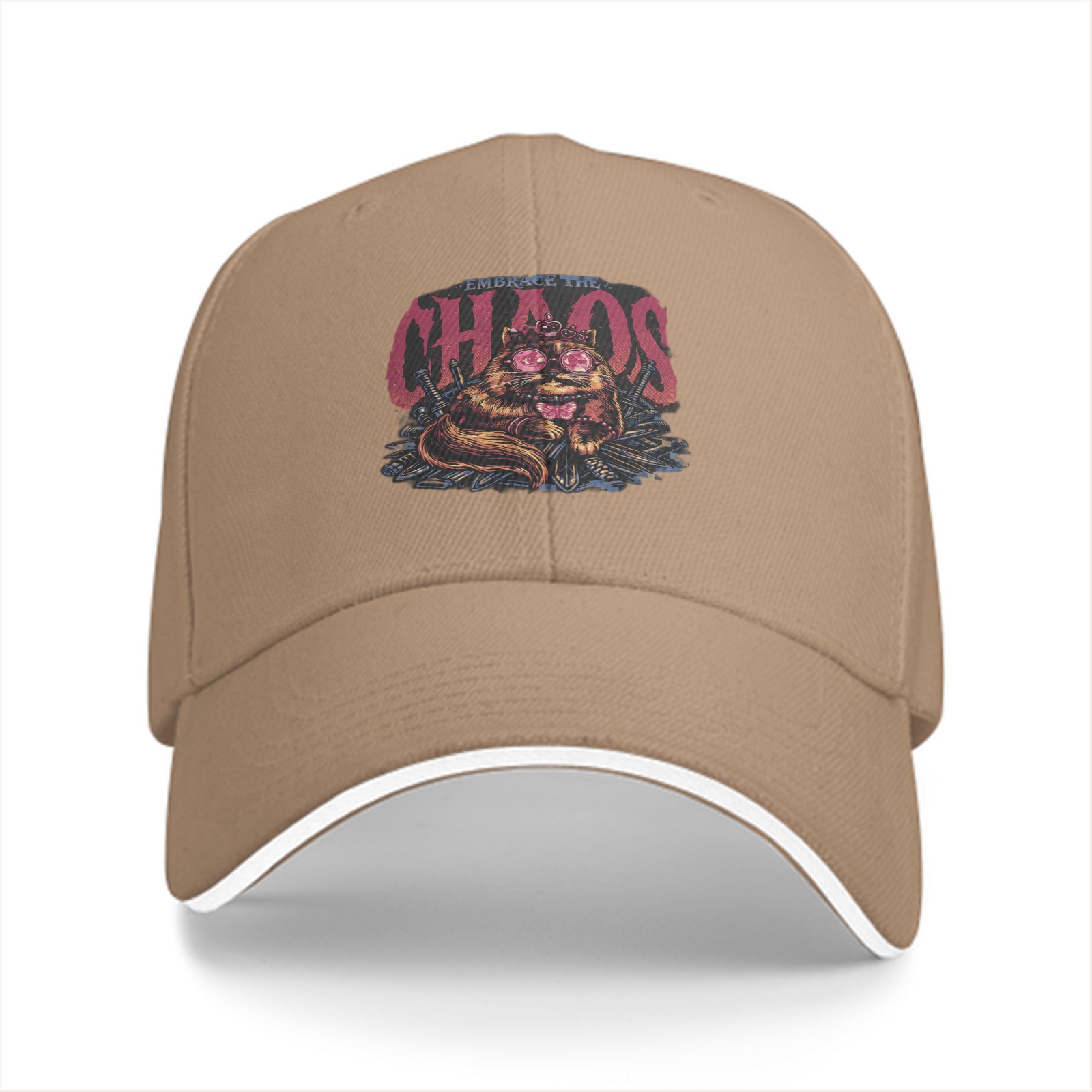 Black Baseball Cap With Embrace The Chaos Cat Graphic