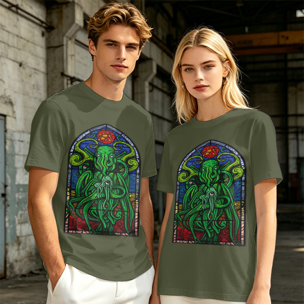Olive T-Shirt with Cthulhu Stained Glass Style Graphic