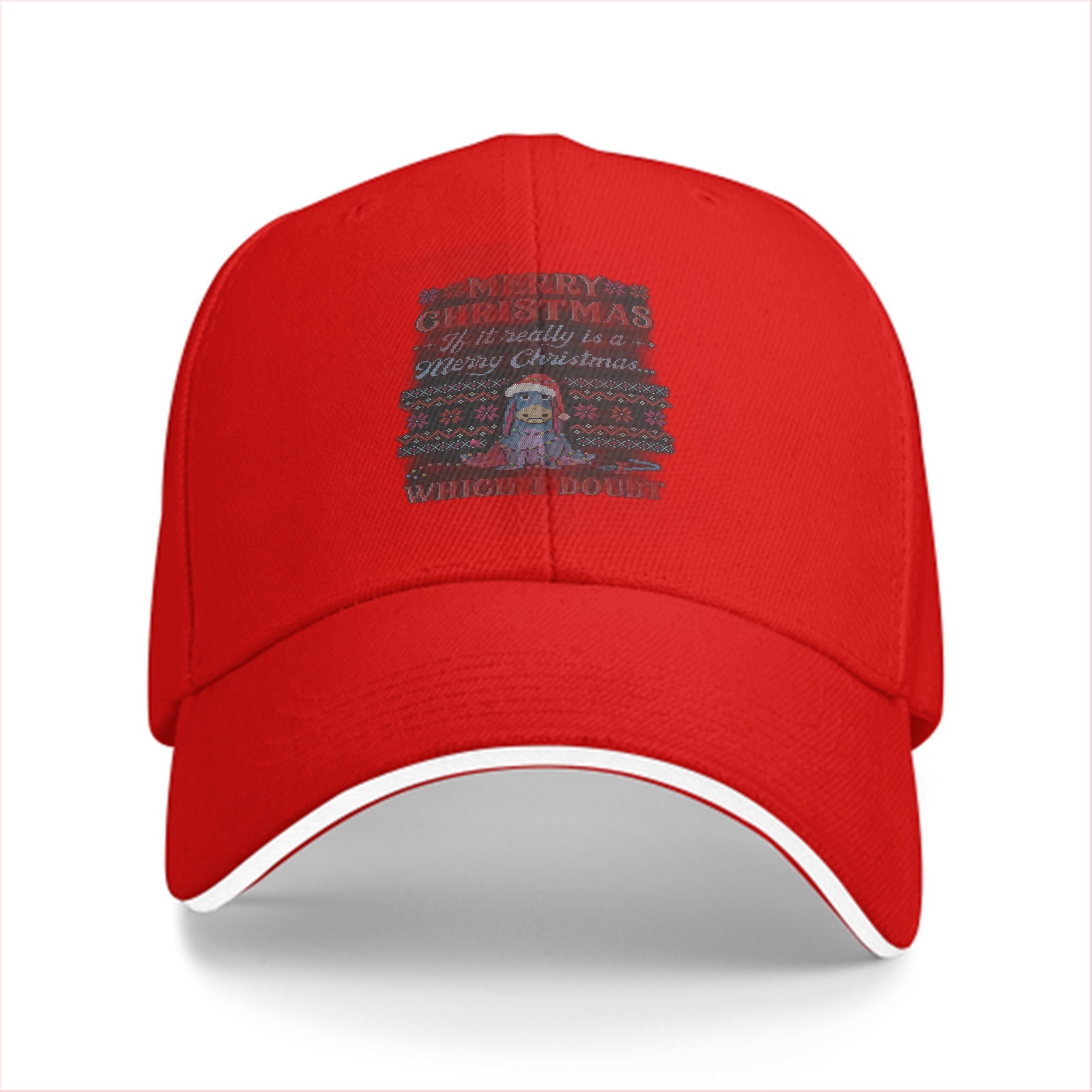 Black baseball cap with skeptical Eeyore Christmas print