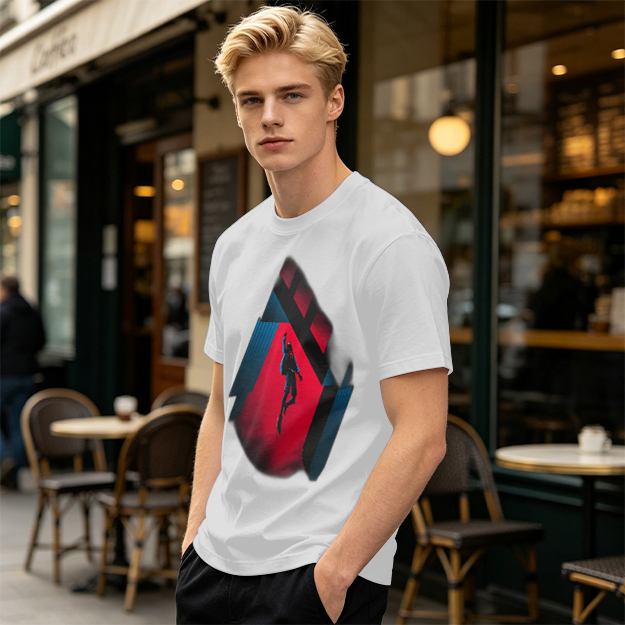 Olive T-shirt with Spider-Man mid-swing over city buildings