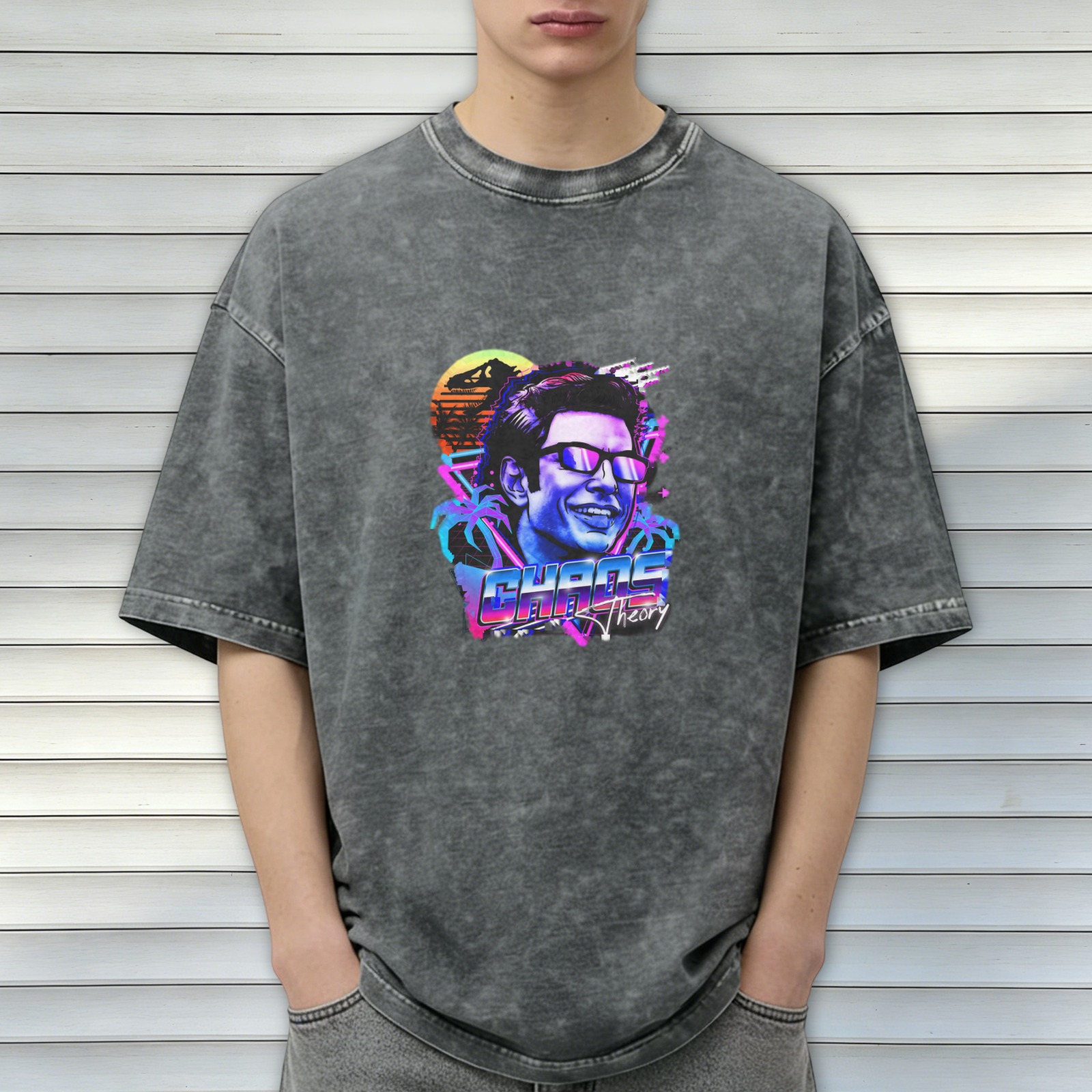 Retro vaporwave Chaos Theory print washed black loose short-sleeved T-shirt