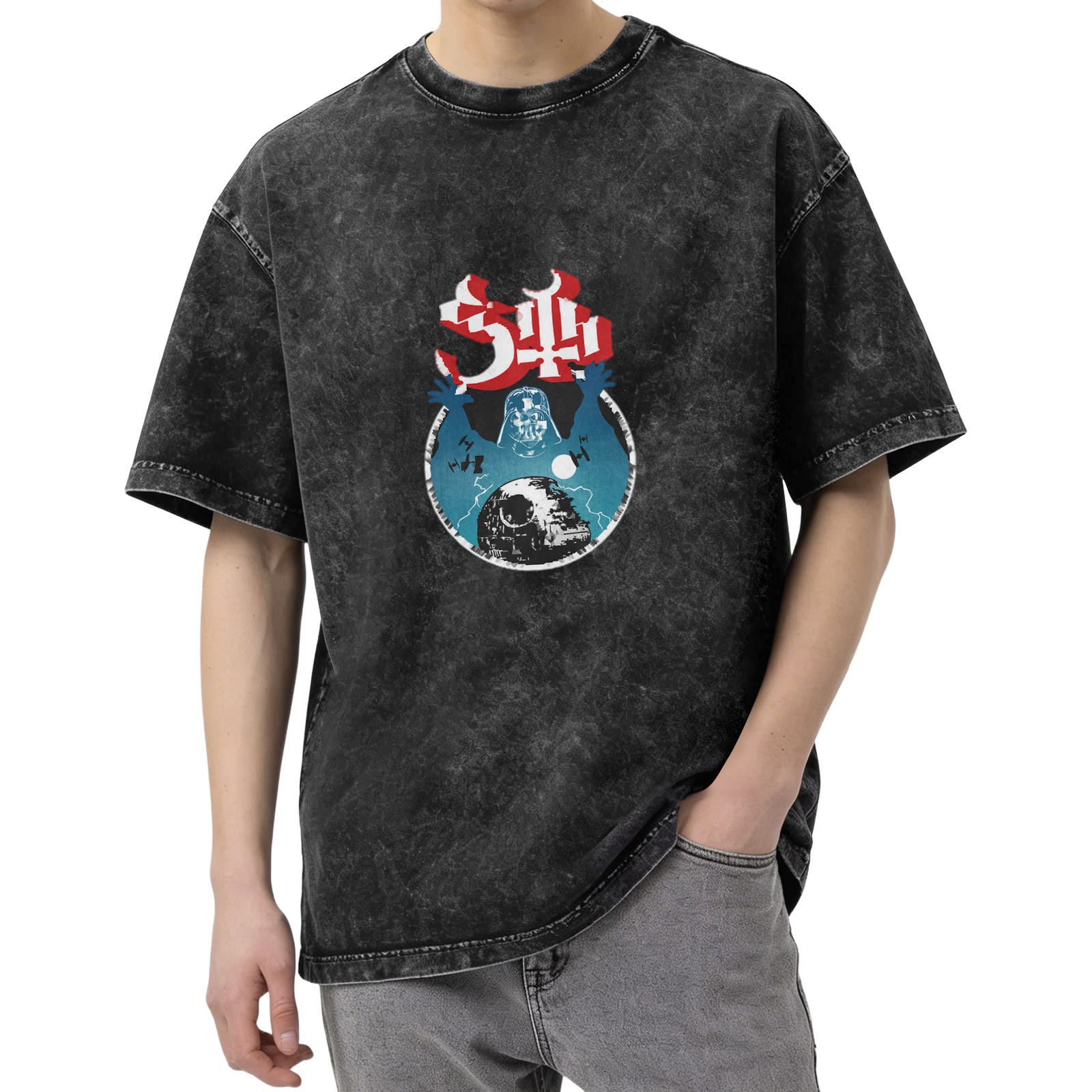Oversized Acid Wash Graphic T-Shirt with Star Wars Darth Vader & Death Star Print