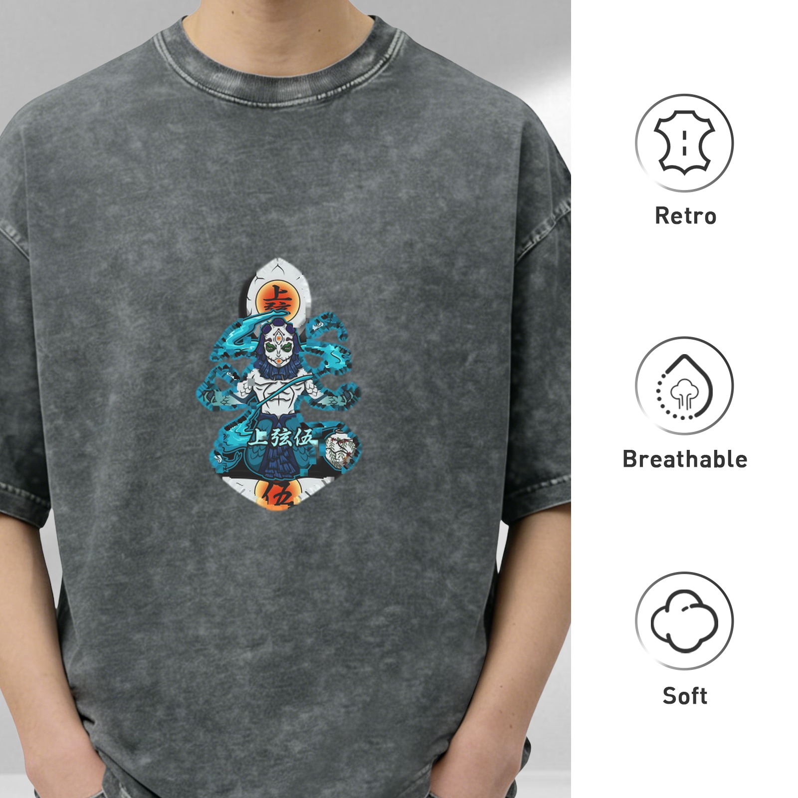 Oversized Dark Wash Anime Graphic T-Shirt with Demon Slayer Character Art