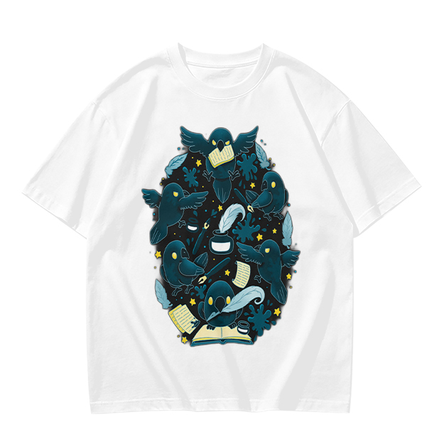 Olive T-Shirt With Whimsical Crow And Stationery Print