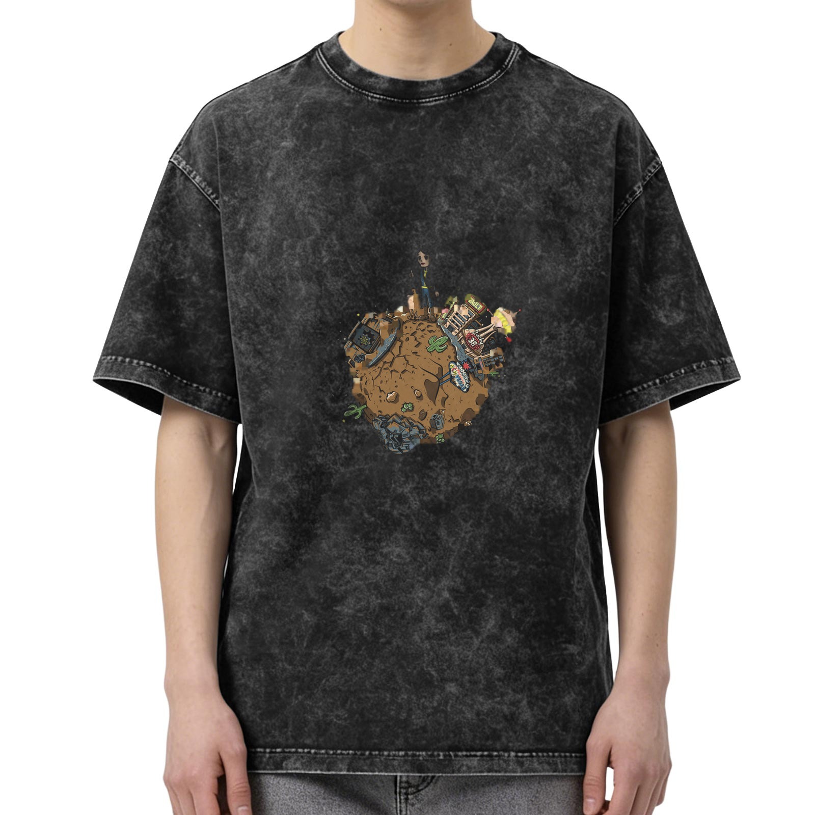 Washed Black Oversized T-Shirt With Small Desert Planet Graphic
