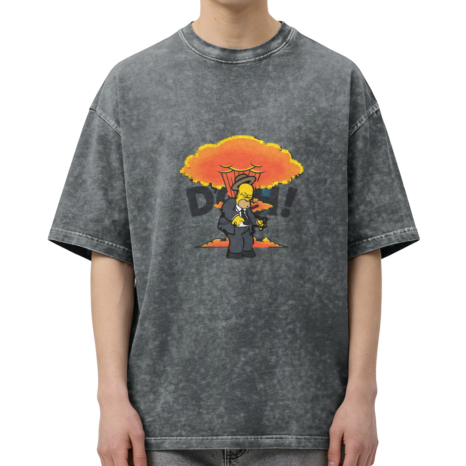 Washed Black T-Shirt with Homer Simpson Nuclear Explosion Graphic