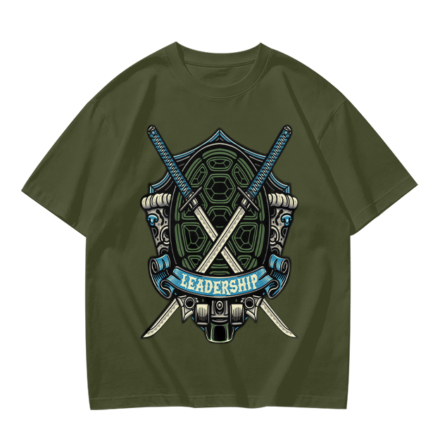 Olive T-Shirt with Ninja Turtle Leadership Katana Crest Print