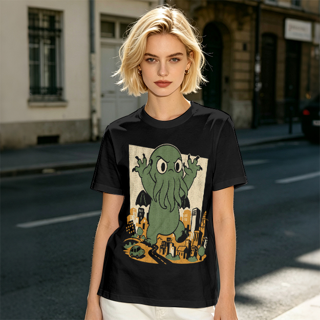 Olive T-shirt with cartoon Cthulhu monster destroying cityscape print